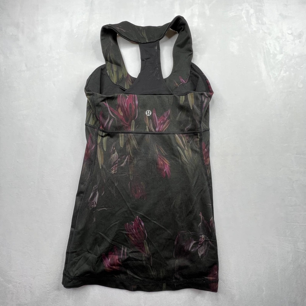 Lululemon Women's Midnight Iris Black Floral Scoop Neck Halter Tank Size 4 - Picture 2 of 4